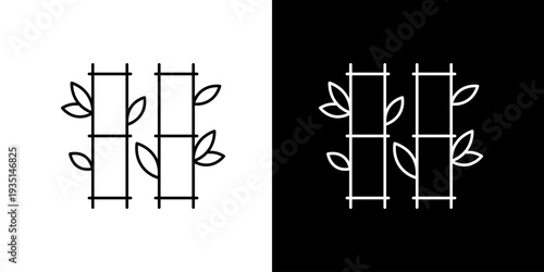 Minimalist line art icon of bamboo stalks with leaves, set against black and white backgrounds
