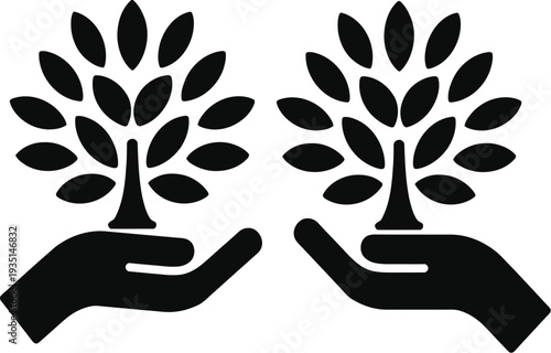 Concept of environmental protection and ecology showing black silhouettes of hands holding small growing trees for nature conservation logo designs.