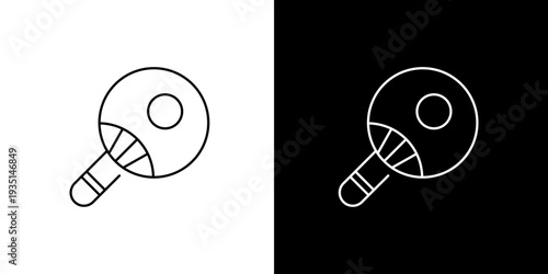 Simple line art graphic icon illustration of a table tennis racket on a black and white background, minimalist design