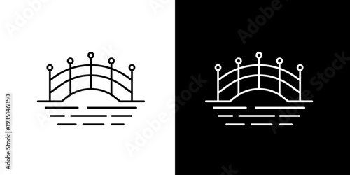 Simple line art bridge icon illustration on white and black backgrounds, representing architectural elements and landmarks