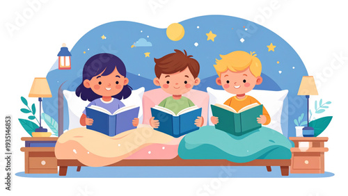 Group of diverse happy children reading books together in a cozy bedroom with pillows and fairy lights flat vector illustration.