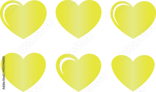 Six glossy yellow gradient heart icons isolated on white background for romantic design elements wedding invitations and valentines day.