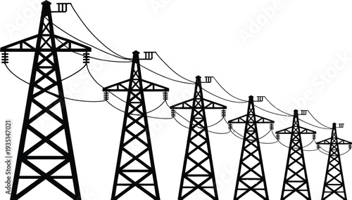 Electricity pylon network and power line distribution towers set in black silhouette style for industrial energy utility grid concept designs.