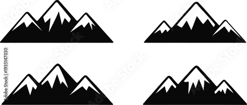 Set of four black mountain range vector silhouettes with snow capped peaks isolated on a white background for outdoor designs.