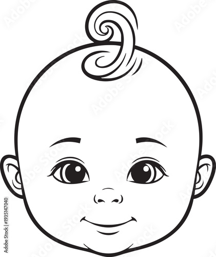 Black and white line of a smiling baby with a mohawk haircut child face head