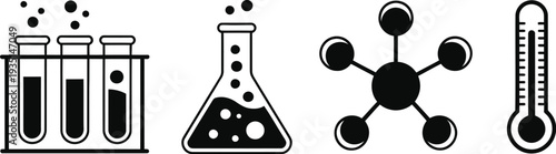 Professional laboratory equipment vector collection featuring scientific glass beaker molecule structure and thermometer icons for biology medical and chemical projects.