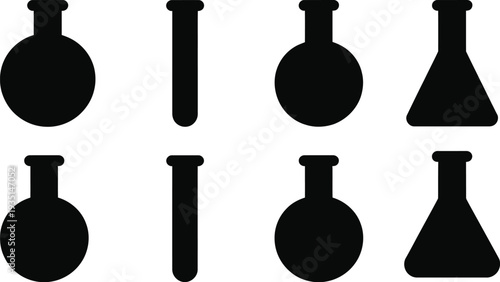 Laboratory glassware icons including test tubes flasks and beakers isolated on a plain white background.