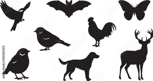 Set of 9 black animal silhouettes vector illustrations including birds, bat, butterfly, rooster, dog, and deer for wildlife and nature designs