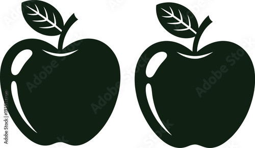 Apple silhouettes with leaves isolated on white background, simple minimalist fruit vector icon set for organic food design.