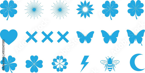 Collection of Floral, Heart, Butterfly, and Seasonal Symbols, Including Shamrock, Flower, Bee, and Crescent Icons for Designs