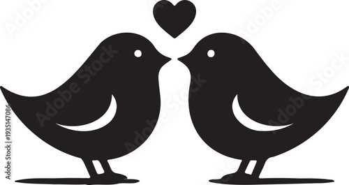 Minimalist black silhouette vector illustration of two love birds facing each other with a heart above, ideal for wedding invitations, Valentine's Day designs, or romantic themes.