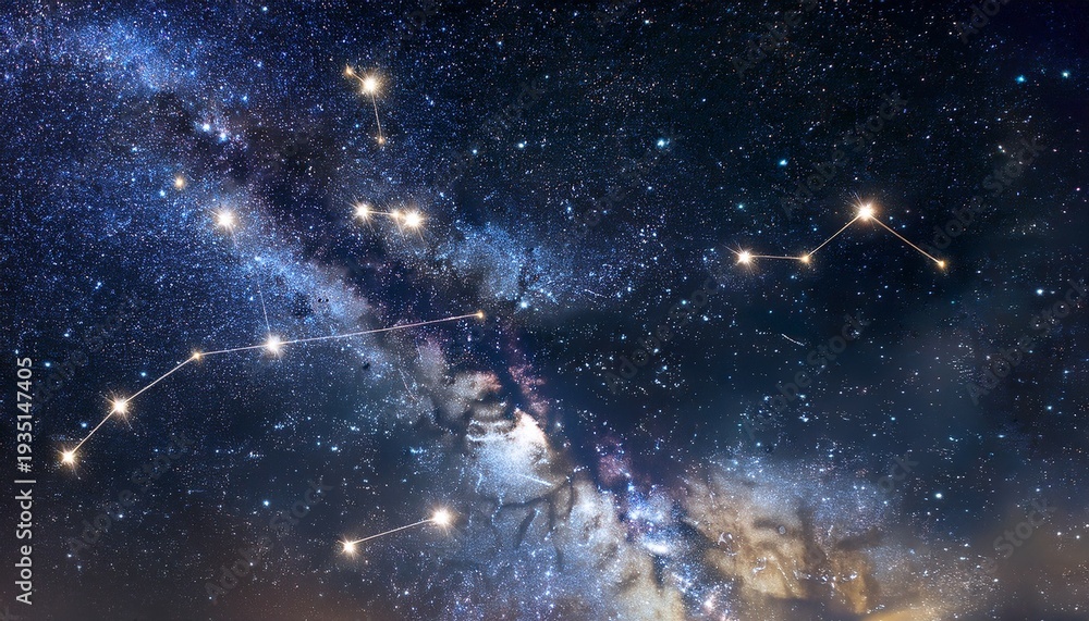 Fototapeta premium Sparkling Starry Night Sky With Constellations On A Black Background Nebula Space Stars