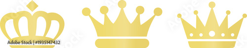 Set of three elegant golden crown vector icons representing royalty luxury authority and premium quality for sophisticated branding and graphic design.