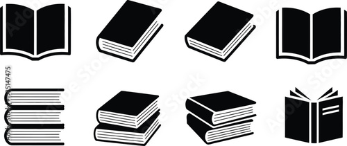 Book icons and silhouettes featuring open books stacked books and hardcover textbooks isolated on a white background.