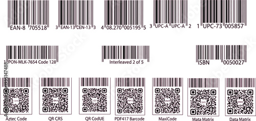 Barcode and QR Code Icon Set with Various Formats including EAN, UPC, ISBN, and Data Matrix for Retail, Logistics, and Product Identification