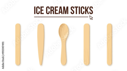 Eco-Friendly Wooden Ice Cream Sticks, Craft Spatula, and Spoon Set Isolated Vector Illustration