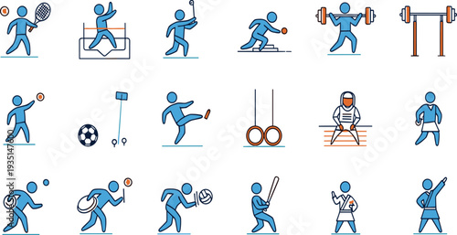 Sports activity icon set with athletes playing tennis soccer baseball gymnastics fencing weightlifting and training exercises vector illustration.