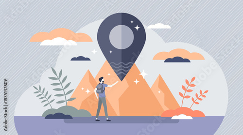 Hiker Reaching Destination with Map Pin Icon in Mountain Landscape - Location Discovery and Travel Goal Vector