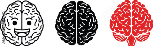 Brain Icon Set in Different Styles with Cute, Modern, and Red Designs Representing Intelligence, Creativity, and Cognitive Functions