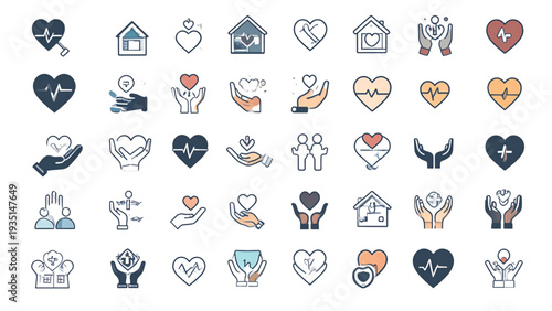 Healthcare and charity icon set with hearts hands medical symbols home care support flat vector illustration collection