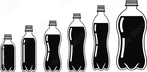 Black silhouette plastic soda bottle icons in various sizes and shapes isolated on a white background for commercial use.