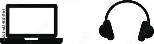 Modern digital workspace elements including a laptop notebook and music headset icons isolated on white for clean graphic design projects.