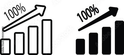 Black and white bar chart icons with upward arrows and one hundred percent text representing business growth and success.