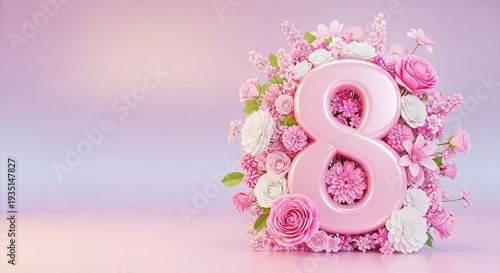 Pink number 8 surrounded by floral arrangement on gradient background. International Womens Day concept for greeting card design.