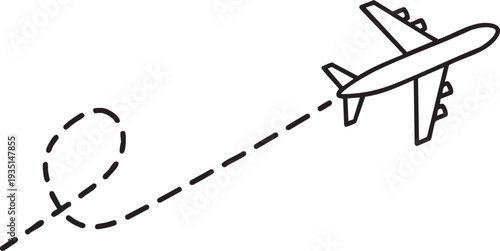 Black and white line of airplane flying with dashed line flight path