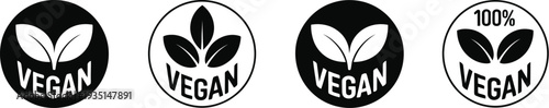 Vegan label icons with leaf elements for organic food packaging and healthy lifestyle branding.