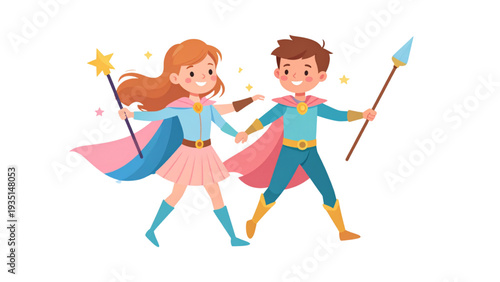 Cute cartoon prince and princess characters holding magic wands, fairy tale royal kids illustration, fantasy costume children vector
