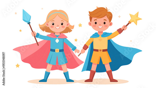 Cute cartoon prince and princess characters holding magic wands, fairy tale royal kids illustration, fantasy costume children vector