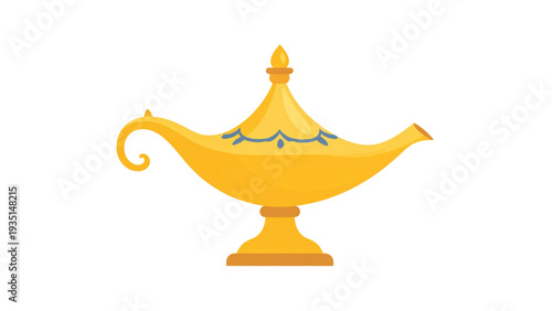 Golden magic lamp illustration inspired by Aladdin fairy tale, Arabian genie lamp icon, fantasy treasure object vector isolated