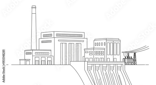 Industrial Power Plant Building with Smokestack and Water Dam.