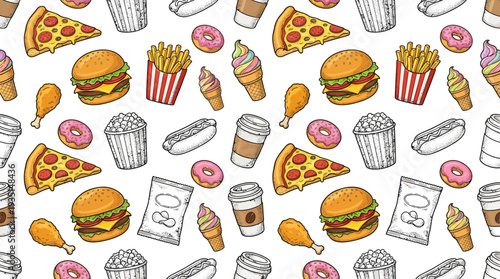 Colorful Cartoon Fast Food Seamless Pattern: Burgers, Pizza, Fries, Hot Dogs, Donuts, Popcorn & More Iconic Junk Food on White Background