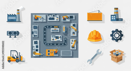 Industrial manufacturing factory production line icons and elements.