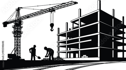 Cuadro en lienzo Black and white silhouette of construction site, featuring tower crane, building