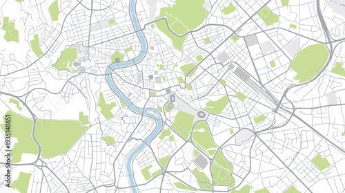 Minimalist Vector Map of Rome, Italy - Stylized Urban Plan with Roads, Parks, and Tiber River for Navigation & Travel
