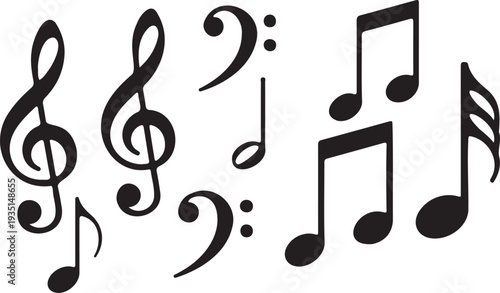 Set of 9 Black Silhouette Music Notes and Clefs Vector Illustration for Musical Themes, Performance, and Entertainment Designs