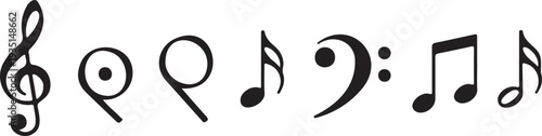 Set of 7 Black Music Notes and Symbols Vector Icons including Treble Clef, Bass Clef, and Eighth Notes for Music-Themed Designs