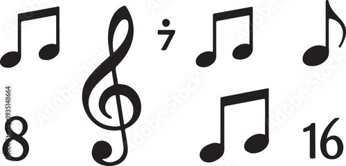 Set of 5 black musical notes and a treble clef vector illustration with numbers 7, 8, and 16, ideal for music education, design, and creative projects
