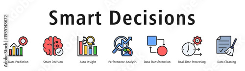Smart Decisions web banner showcasing Data Prediction, Smart Decision, Auto Insight, Performance Analysis, Data Transformation, Real-Time Processing, and Data Cleaning.