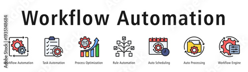 Workflow Automation banner with icons of Workflow Automation, Task Automation, Process Optimization, Rule Automation, Auto Scheduling, Auto Processing, and Workflow Engine.