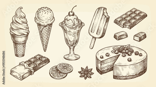 Hand Drawn Dessert Collection: Vintage Style Sketches of Ice Cream, Cake, Chocolate, and Sweet Treats
