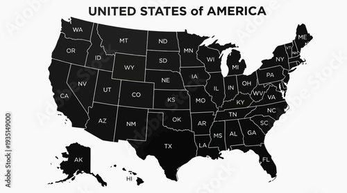 Black and White Outline Map of the United States of America with State Abbreviations on a Clean White Background