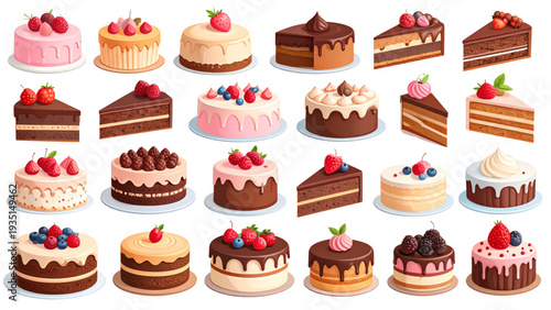 Set of birthday party cakes and sweets