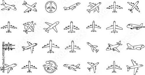 Black and white line of airplanes in various positions and orientations aircraft line black and white