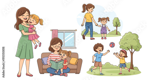 Diverse family moments captured in cheerful cartoon illustrations of mothers and children enjoying quality time together