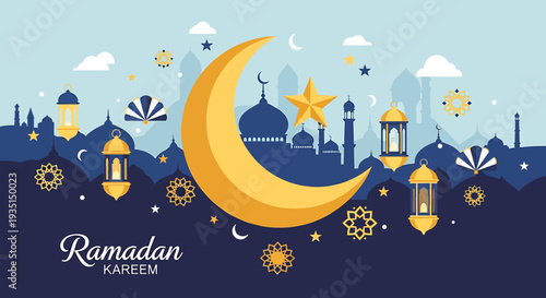 Ramadan Kareem banner with Islamic crescent moon, star, lanterns, and mosques in a festive night sky, celebrating the holy month