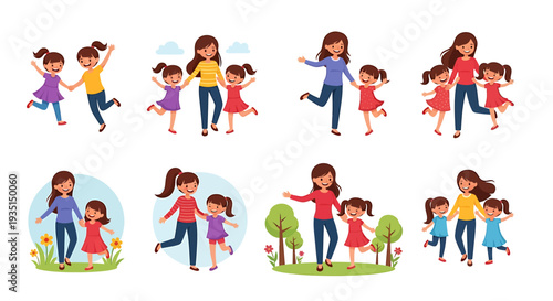 Collection of illustrations depicting mothers and daughters enjoying various activities together